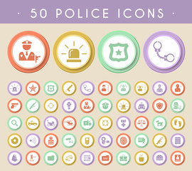 Set of 50 Police Icons on Circular Colored Buttons. Vector Isolated Elements.