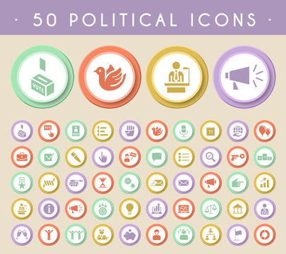 Set of 50 Political Icons on Circular Colored Buttons. Vector Isolated Elements.