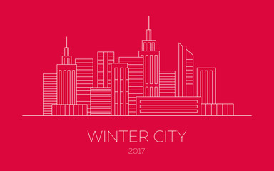 Naklejka premium Line city on a red background. Vector skyscrapers illustration in linear style