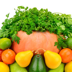 Fruits, vegetables and herbs isolated on white background.