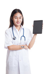 Asian young female doctor show tablet pc.