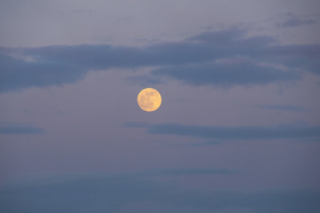 The full moon rising tonight over countryside near Perth, Scotland, UK. 