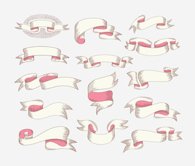 hand drawing ribbon set in engraving old vintage style design el