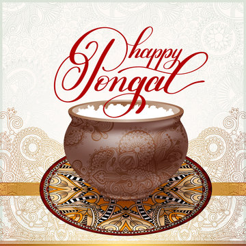 happy pongal handwritten ink lettering inscription on floral pai