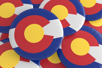 Obraz premium US State Buttons: Pile of Colorado Flag Badges, 3d illustration