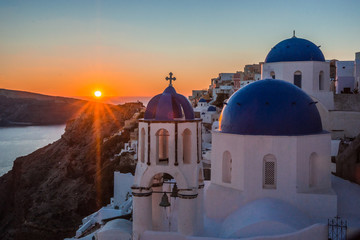 Blue dome of white church in Oia, Santorini, Greece
