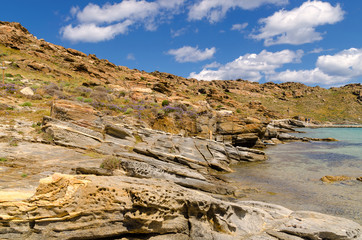 Picturesque rocky coastline of the Greek island of Paros, Cyclades, Greece.
