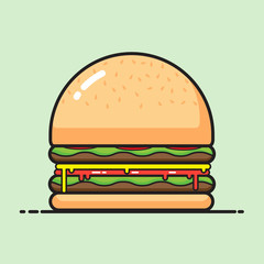 Burger on green background vector cartoon design.