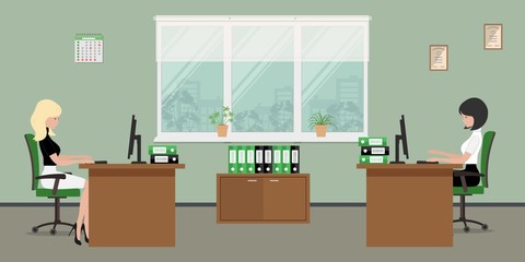 Web banner of two office workers. The young women are an employees at work. There is furniture in brown color on a windows background in the picture. Vector flat illustration