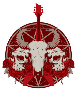 vector illustration with an electric guitar and skull of goat and human with roses