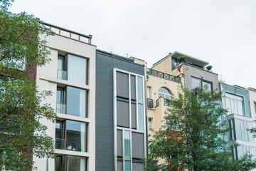 Street of tall modern high rise apartments