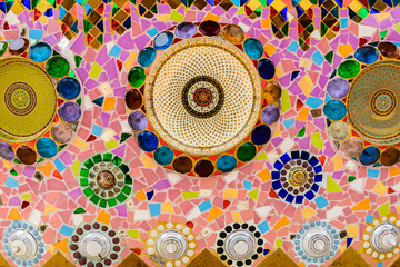 Colorful ceramic and stained Glass wall background at wat phra t