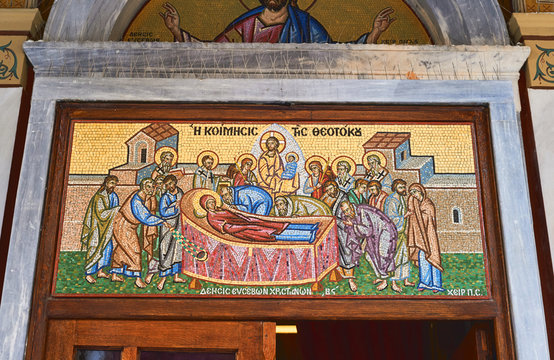 Mosaic at the entrance of the church in Athens, Greece with the Holy sepulcher Jesus scene