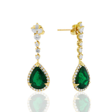 pendientes aretes con esmeraldas colombianas y diamantes en oro amarillo, joyer&iacute;a con pendientes 