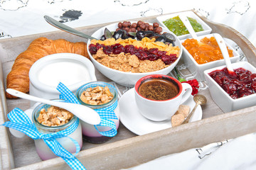 Daily breakfast on a wooden tray. Breakfast in bed