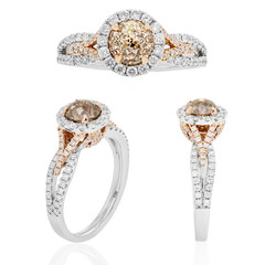 anillo con diamantes cafes y blancos en oro blanco y amarillo, con zafiros amarillos