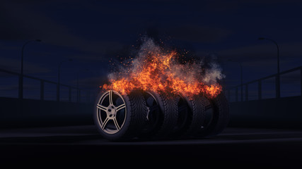 Vier brennende Reifen stehen auf einer Brücke