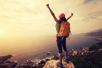 successful hiker hiking on seaside mountain peak rock