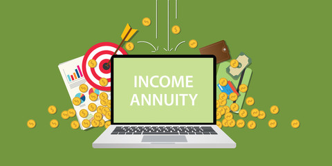 income annuity illustration with text on laptop display with business icon money gold coin falling from sky and graph paperwork document and goals - obrazy, fototapety, plakaty