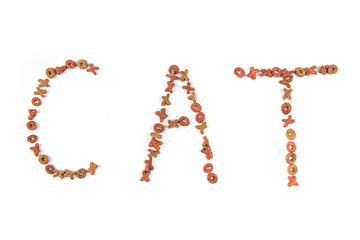 Cat food that spells the word cat isolated on a white background