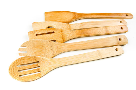 Set Of Bamboo Utensils Isolated On A White Background