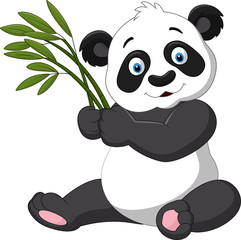 Naklejka premium Cute panda holding bamboo