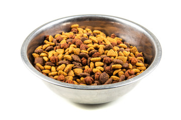 Stainless steel bowl of dog food isolated on a white background