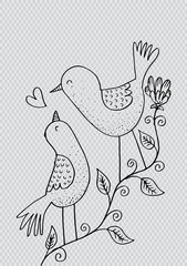 Two birds on a branch. Hand drawing illustration.