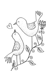 Two birds on a branch. Hand drawing illustration.