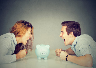 Finances in divorce concept. Wife husband can not make settlement