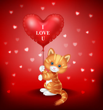 Cartoon puppy holding red heart balloon