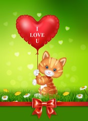 Cartoon cat holding red heart balloons with red satin ribbon