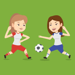 Two female soccer players fighting for ball.