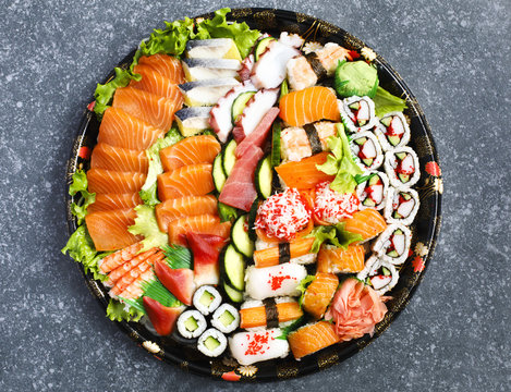 Sushi Set. Different sashimi, sushi and rolls