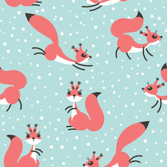 Little cute squirrels under snowfall. Seamless winter pattern for gift wrapping, wallpaper, childrens room or clothing.
