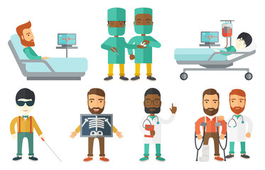 Vector set of doctor characters and patients.