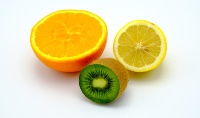  Orange, kiwi  and lemon  fruits isolated on white background