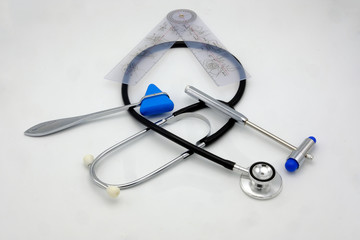 Medical material, hammer, stethoscope and joints goniometer isol