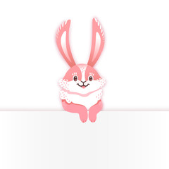Smiling cartoon rabbit. Funny bunny. Cute hare. Vector illustration grouped and layered easy editing with banner for your text