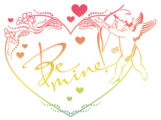 Cupid with bow hunting for hearts. Color gradient frame with Cupid, roses, hearts and artistic written text 