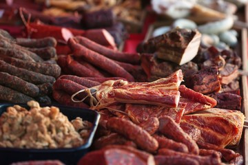 Sale of homemade sausages, salami and other meat products