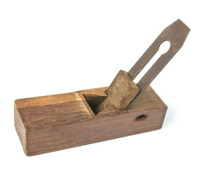 Handmade wooden plane for carpenter use,closeup shot on white isolated.