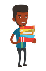 Man holding pile of books vector illustration.