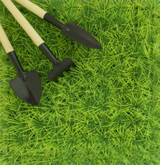 Background on the farming and the garden with a rake and shovel