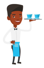 Waiter holding tray with cups of coffeee or tea.