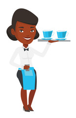 Waitress holding tray with cups of coffeee or tea.