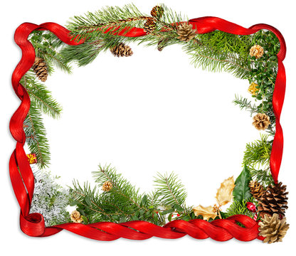 Drawn red ribbon and foliage Christmas background