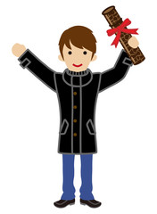 卒業証書を掲げる男子学生　黒いコート