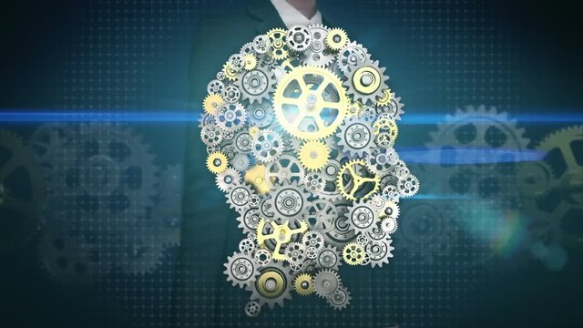 Businesswoman touching screen, Gears making human head shape. artificial intelligence, computer technology, humanoid science.