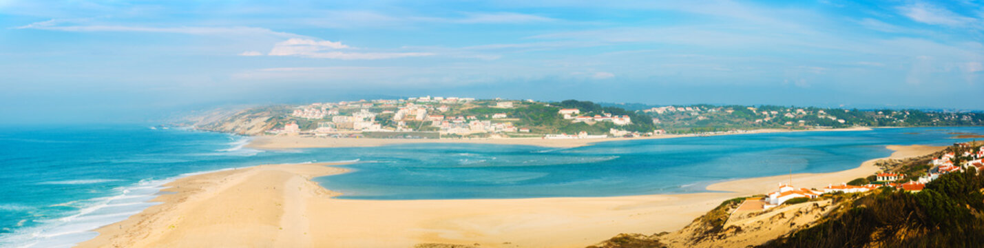 Magnificent panoramic view of the lagoon of Obidos, the city of Foz do Arelno and the Atlantic Ocean. Portugal